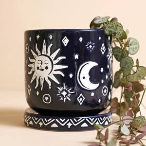 Midnight Blue Sun and Moon Ceramic Planter and Drip Tray - Birch & BrackenPLANTER