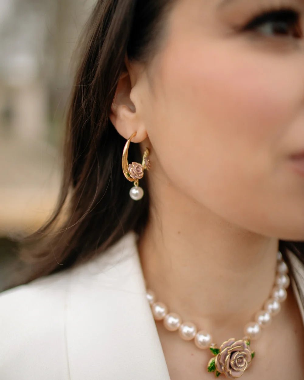 Jordan Rose - Vintage Rose & Pearl Hoop Earrings - Birch & BrackenEARRINGS