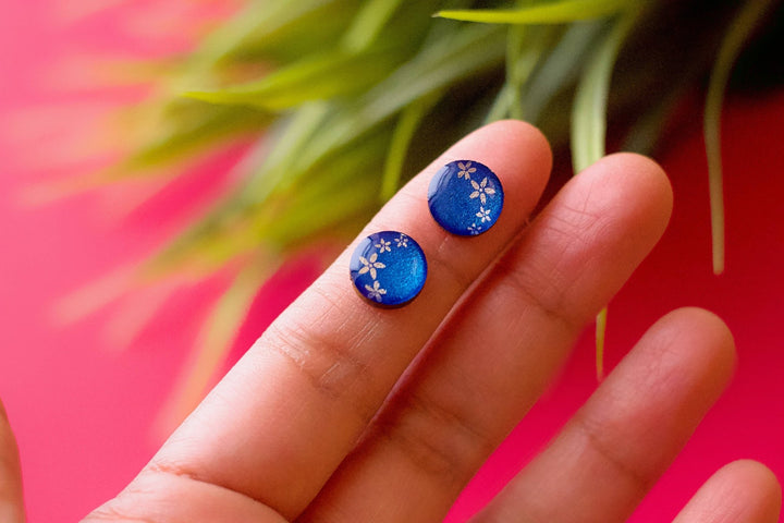 Metallic Blue Flower Stud Earrings - Birch & BrackenEARRINGS