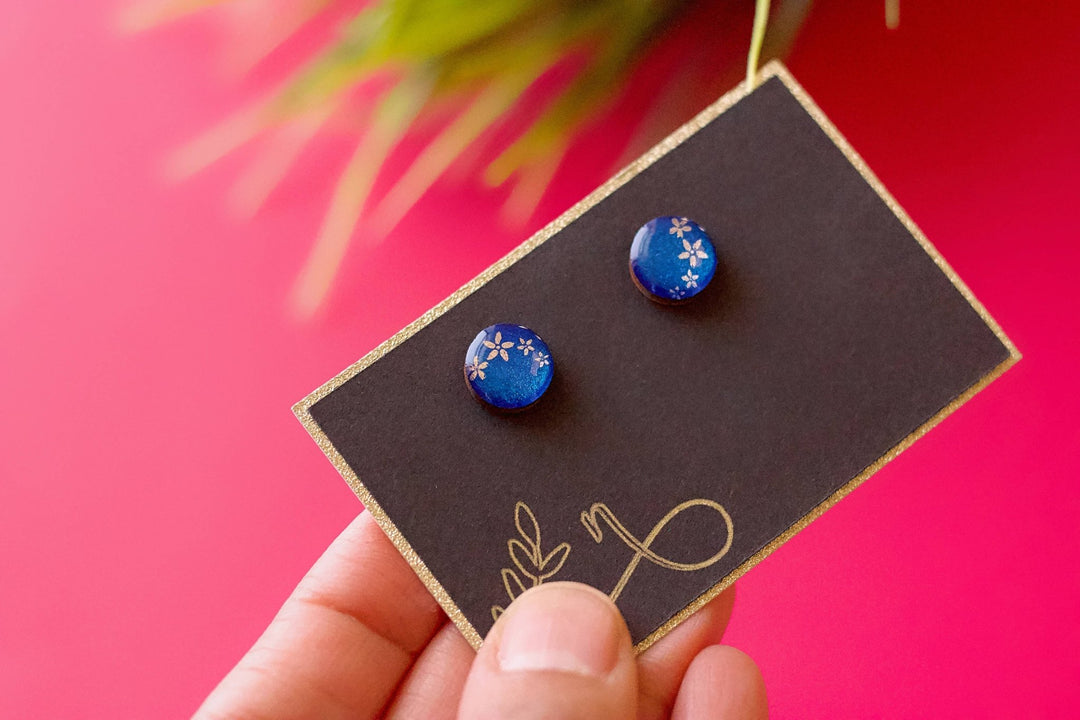 Metallic Blue Flower Stud Earrings - Birch & BrackenEARRINGS