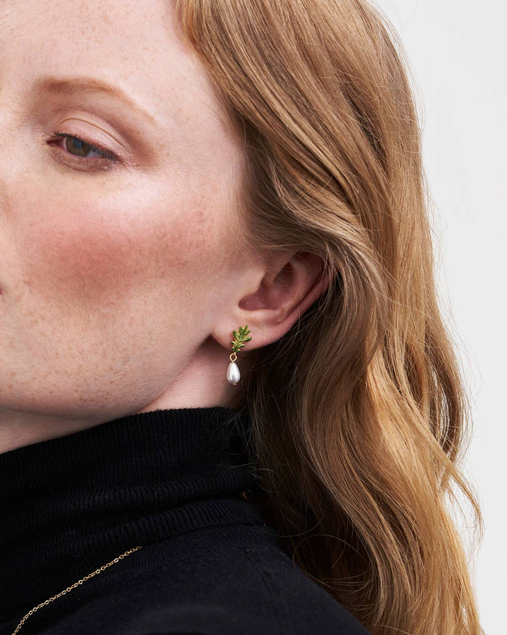 Oak Leaf Pearl Drop Gold Earrings - Birch & Bracken
