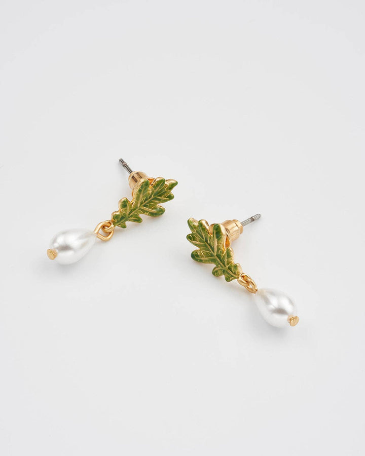 Oak Leaf Pearl Drop Gold Earrings - Birch & Bracken