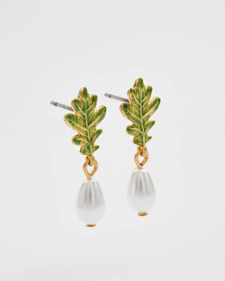 Oak Leaf Pearl Drop Gold Earrings - Birch & Bracken