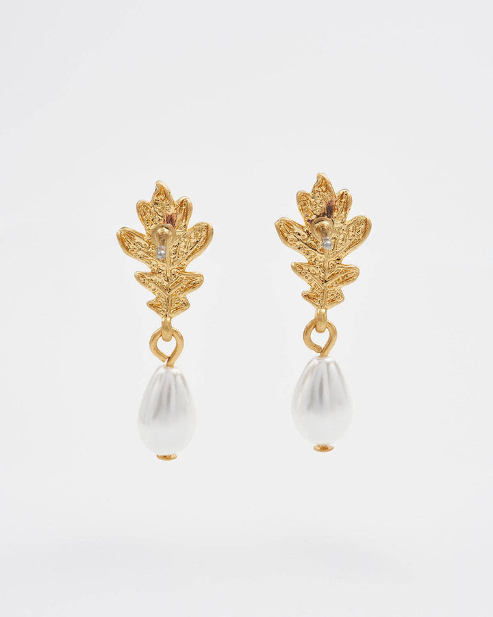 Oak Leaf Pearl Drop Gold Earrings - Birch & Bracken
