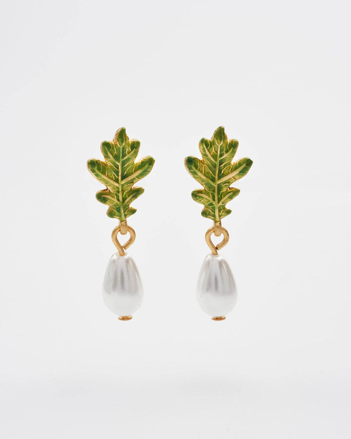 Oak Leaf Pearl Drop Gold Earrings - Birch & Bracken