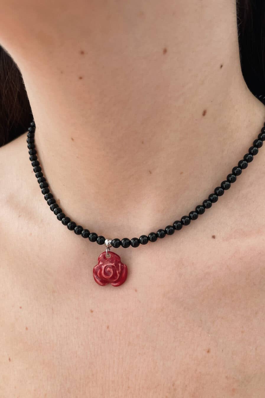 Rose ceramic & onyx necklace - Birch & BrackenNECKLACE
